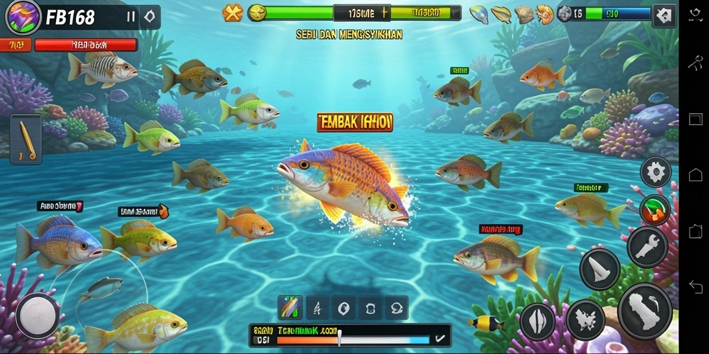 Screenshot FB168 menampilkan aksi tembak ikan yang seru.