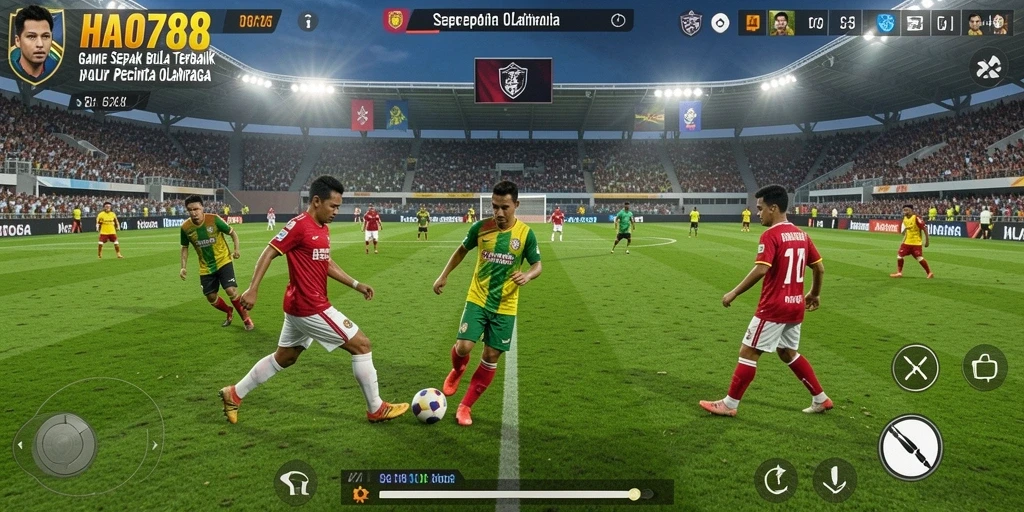 Gameplay HAO788 menampilkan aksi pertandingan sepak bola yang seru dan mendebarkan.