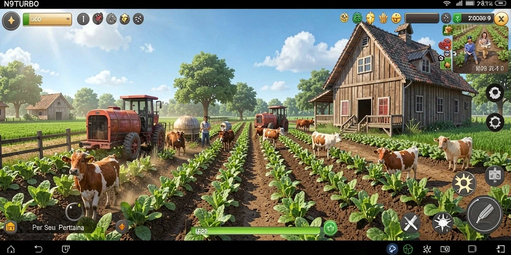 Screenshot gameplay N9TURBO menampilkan petani yang sedang merawat ladang.