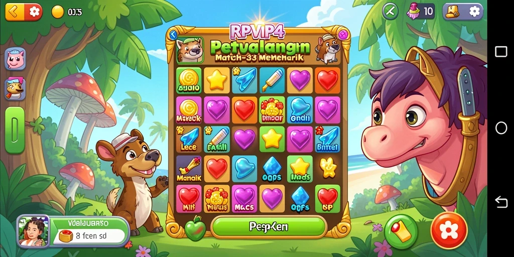 Tangkapan layar utama RPVIP4 yang menunjukkan aksi seru pada game Match-3.